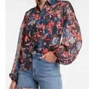 Express Floral Chiffon Lightweight Balloon Sleeve Blouse Size Small
